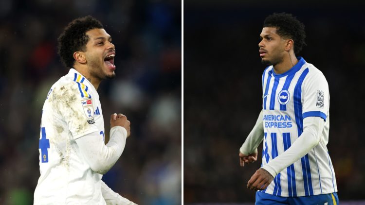 A split image of Georginio Rutter of Leeds United celebrates victory following the Sky Bet Championship match between Leeds United and Hull City at...