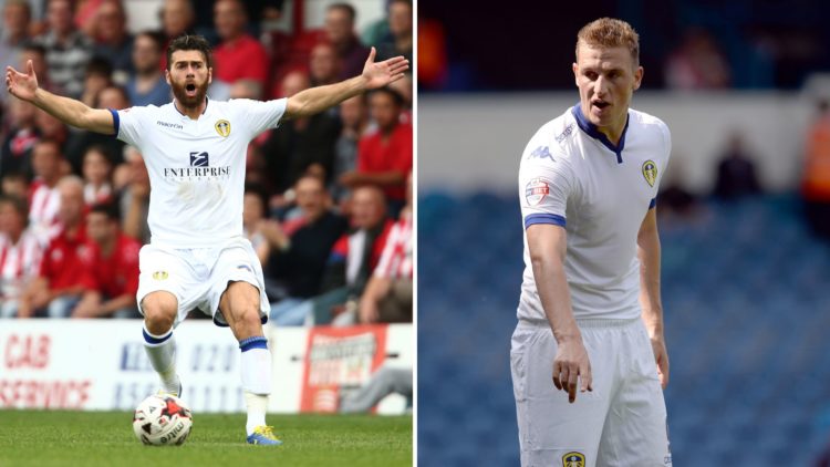 Split image of Mirco Antenucci of Leeds reacts to a decision during the Sky Bet Championship match between Brentford and Leeds United on September ...