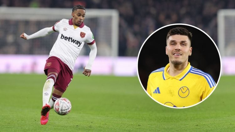 Crysencio Summerville of West Ham United during the Emirates FA Cup Third Round match. Inset, Joel Piroe.