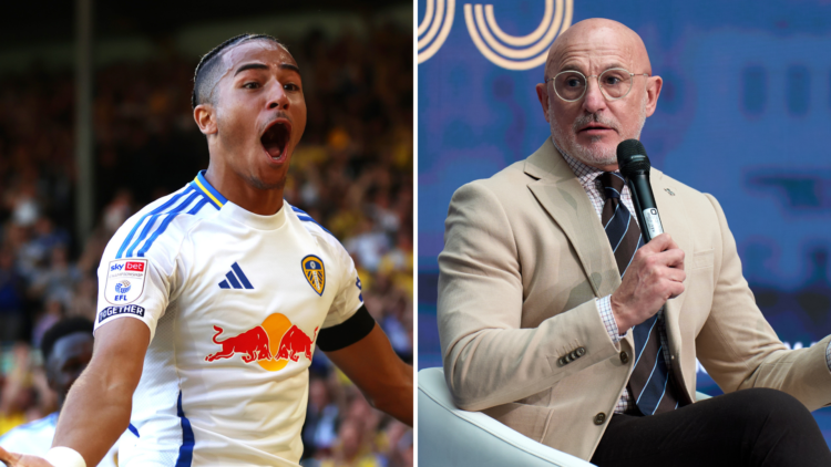 Split of Mateo Joseph in action for Leeds United and Spain manager Luis De La Fuente giving a speech.