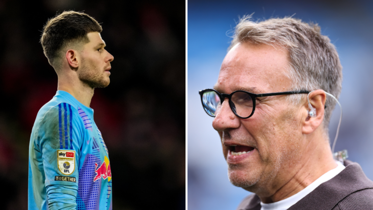 Split of Illan Meslier looking dejected and Paul Merson working as a pundit for Sky Sports.