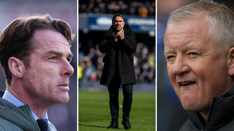Split of Burnley manager Scott Parker, Leeds United's Daniel Farke and Sheffield United boss Chris Wilder