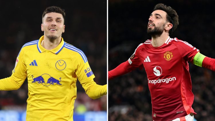 Collage of Joel Piroe and Manchester United's Bruno Fernandes.