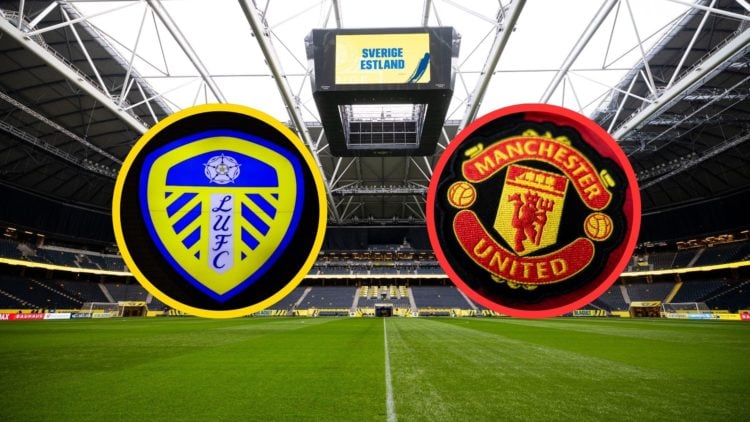 The Strawberry Arena. Insets: Badges of Leeds United and Manchester United.