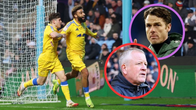 Collage of Leeds United pair Jayden Bogle celebrating Dan James. Insets of Chris Wilder and Scott Parker.