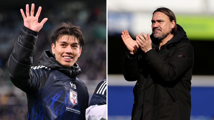 Split image of Daniel Farke applauding the Leeds United fans and Ao Tanaka waving at Japan fans.