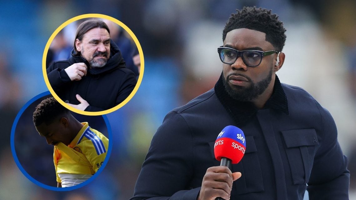 Micah Richards holds a microphone. Insets: Daniel Farke and Junior Firpo.