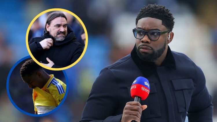 Micah Richards holds a microphone. Insets: Daniel Farke and Junior Firpo.