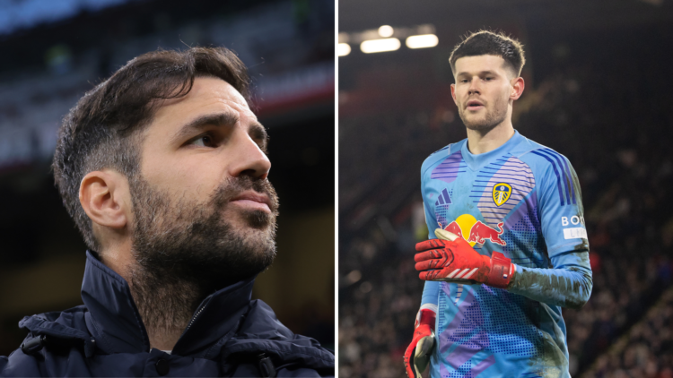 Split image of Como manager Cesc Fabregas and Leeds United goalkeeper Illan Meslier.