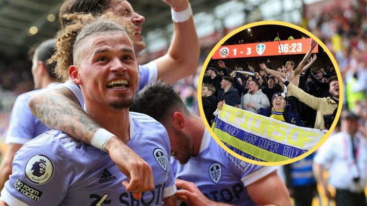 Kalvin Phillips celebrates while at Leeds United. Inset: Leeds fans.