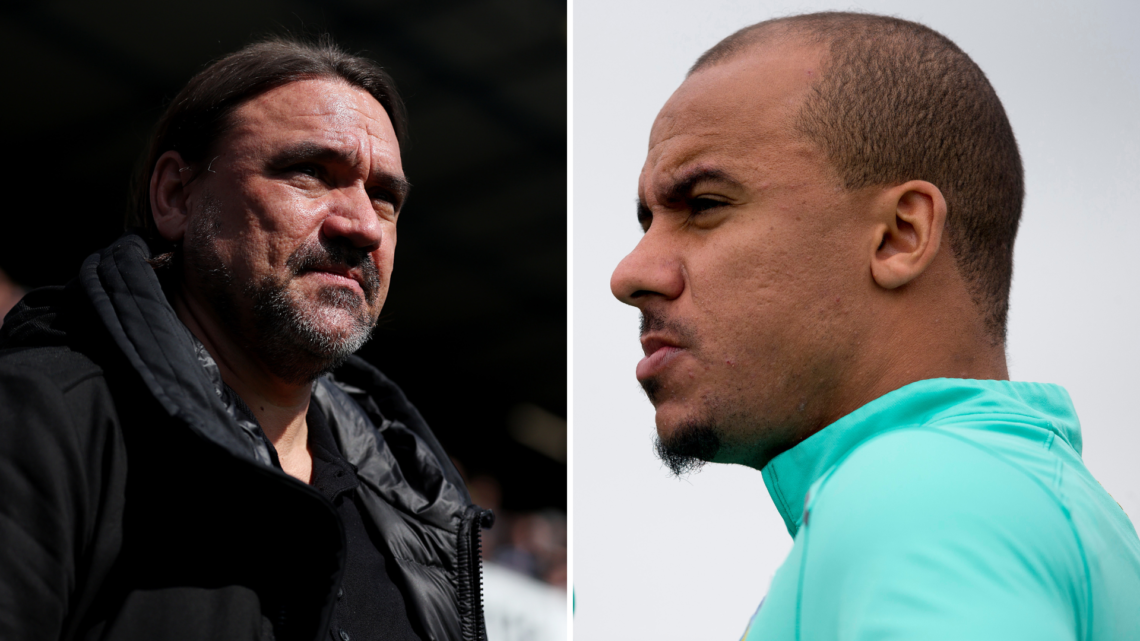 Split of Daniel Farke looking focused and Gabby Agbonlahor in Aston Villa training.