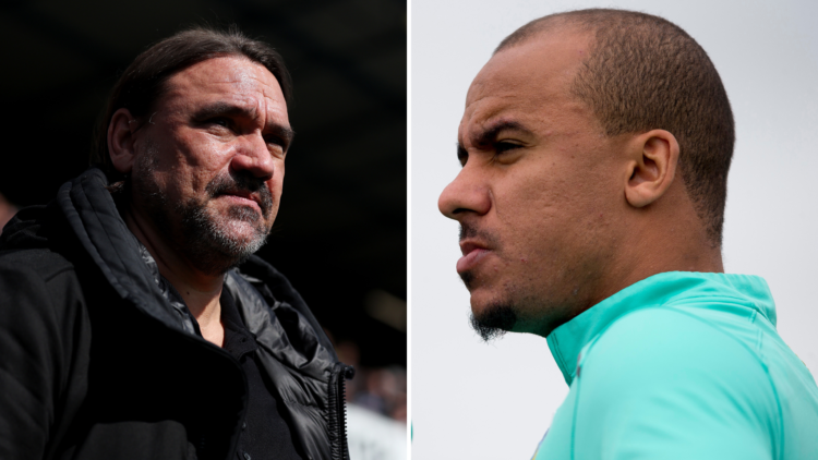 Split of Daniel Farke looking focused and Gabby Agbonlahor in Aston Villa training.