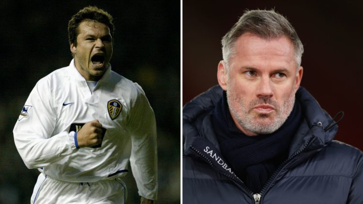 A split image of Mark Viduka of Leeds celebrates scoring during the FA Cup Third round match between Leeds United and Arsenal at Elland Road, Leeds...