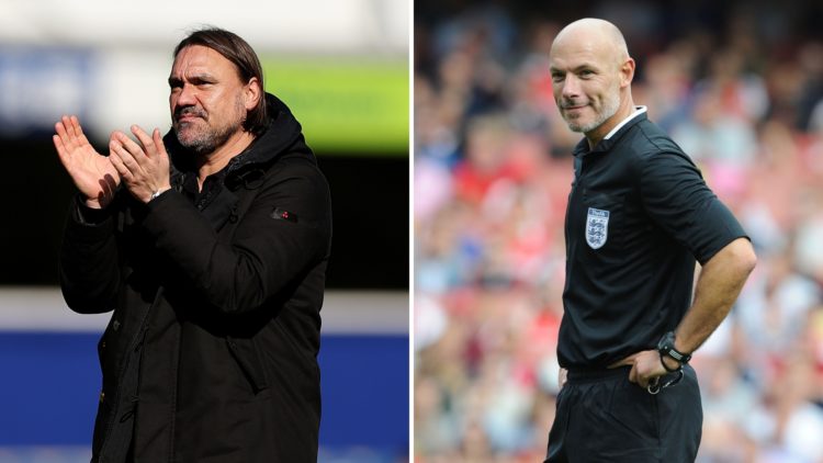 A split image featuring Daniel Farke (left) and Howard Webb (right).