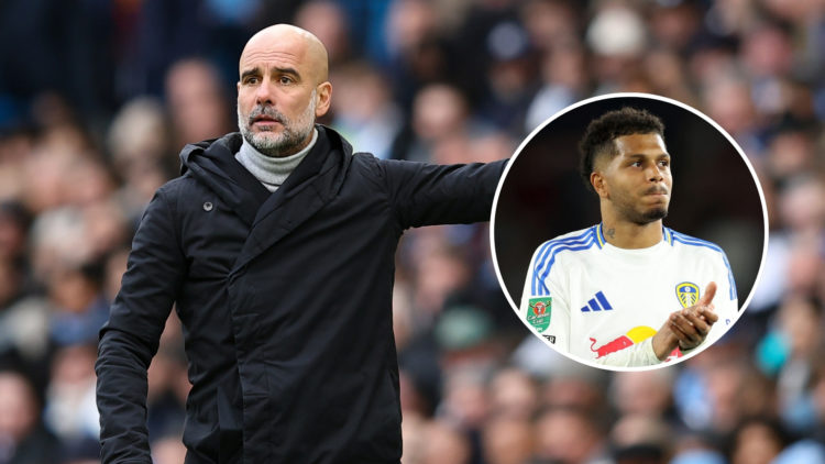 Pep Guardiola, manager of Manchester City, points during a Premier League match, with an inset of Georginio Rutter of Leeds United acknowledging th...