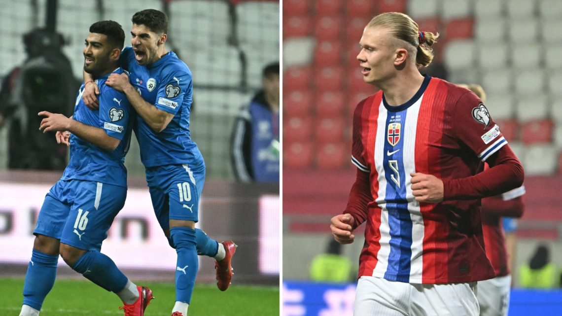 An image featuring a split of Manor Solomon in an Israel shirt (left) and Erling Haaland in a Norway shirt (right).