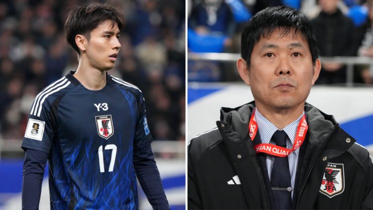 Split image of Kaoru Mitoma (left) and Hajime Moriyasu, Japan's manager (right).
