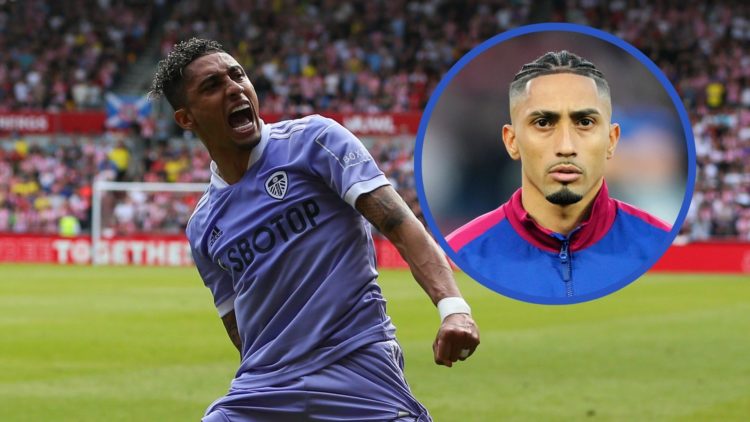 Raphinha playing for Leeds United. Inset: Raphinha in a Barcelona shirt.