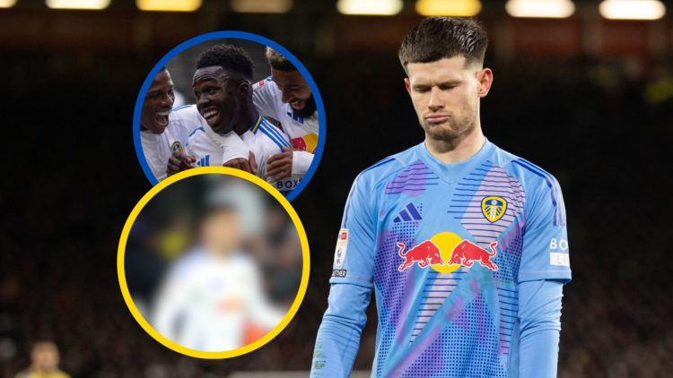 Collage of Illan Meslier, Willy Gnonto and a blurred out Leeds player.