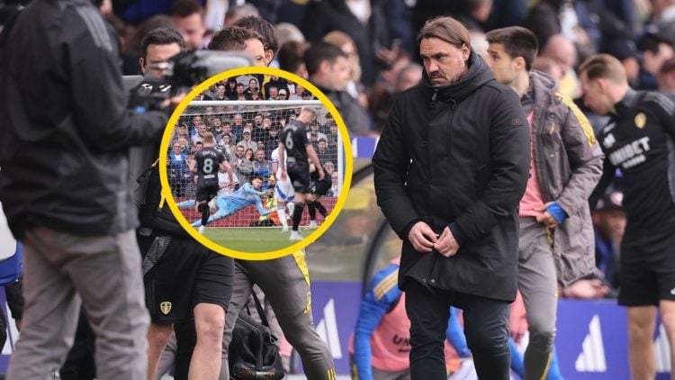 Daniel Farke looks disappointed. Inset: Illan Meslier fails to make a save.