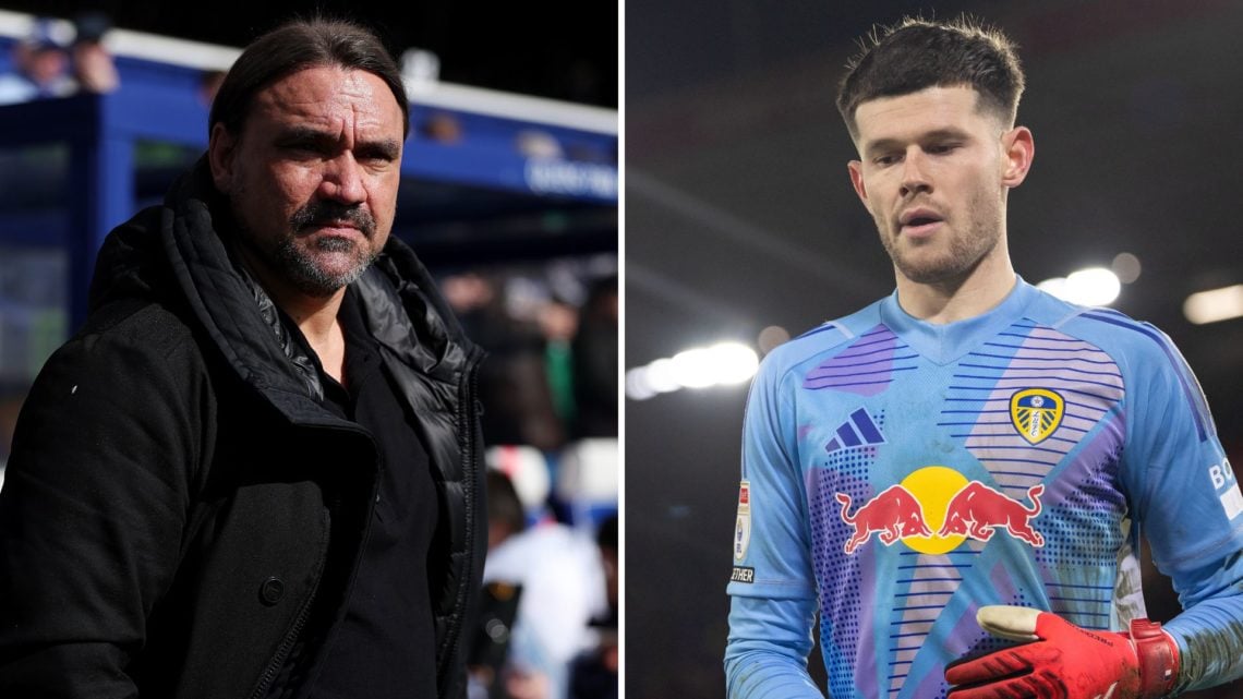 Daniel Farke (L) and Illan Meslier (R) of Leeds United.