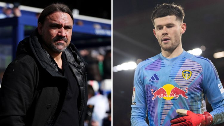 Daniel Farke (L) and Illan Meslier (R) of Leeds United.