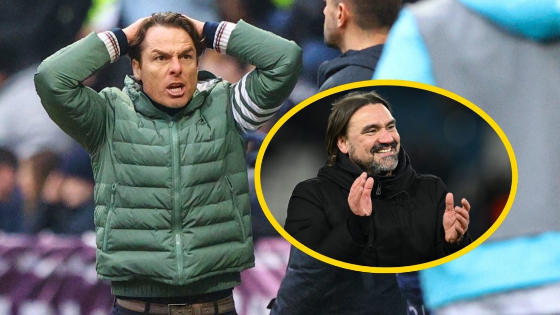 Scott Parker looks shocked. Inset: Leeds manager Daniel Farke smiles.