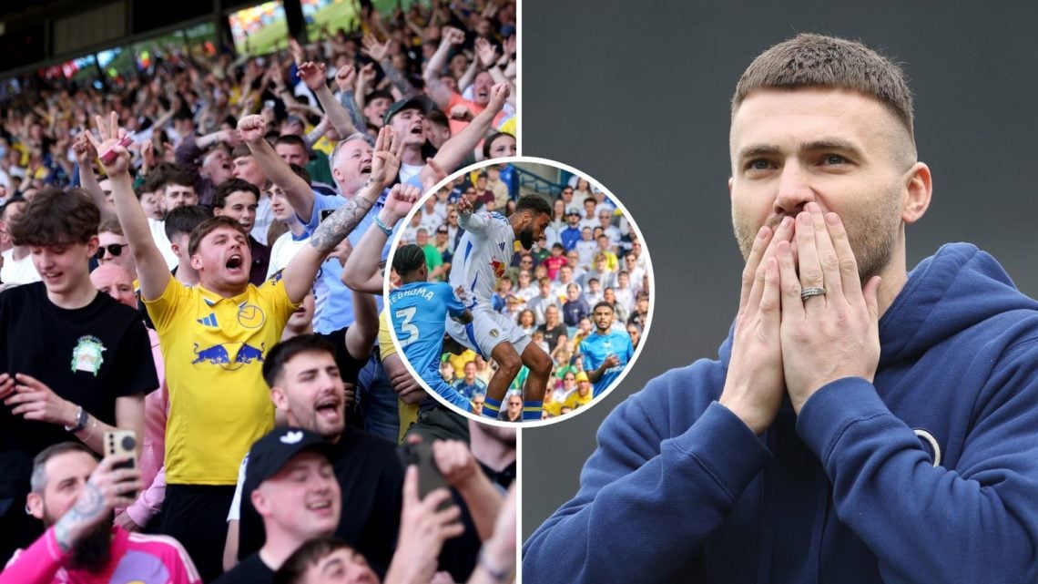 Left image, Fans of Leeds United celebrate after defeating Preston North End during the Sky Bet Championship match between Leeds United FC and Pres...