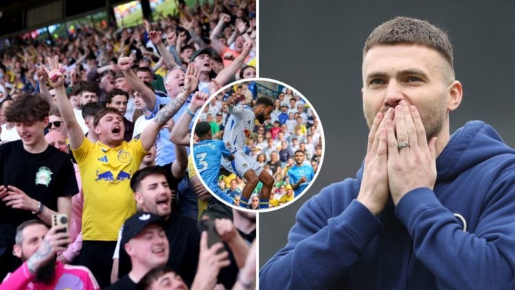 Left image, Fans of Leeds United celebrate after defeating Preston North End during the Sky Bet Championship match between Leeds United FC and Pres...
