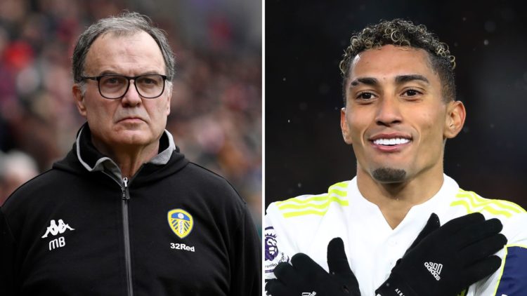 Split image of Marcelo Bielsa as Leeds United manager in 2019. Raphinha of Leeds United celebrating scoring in 2021.