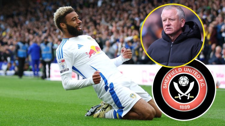 Jayden Bogle of Leeds United celebrates. Inset, Chris Wilder, manager of Sheffield United. Inset, Sheffiield United badge.