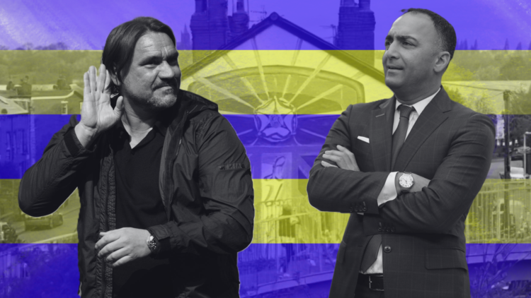 Composite image of Daniel Farke and Paraag Marathe in front of Leeds United badge