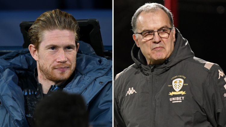 A split image of Kevin De Bruyne of Manchester City sits on the bench during the Premier League match between Manchester City FC and Leicester City...