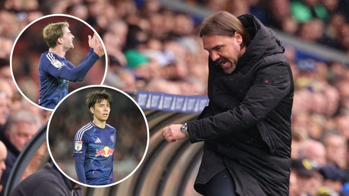 Main image, Daniel Farke, the Leeds United manager, is kicking a bottle in anger during the SkyBet Championship match between Leeds United and Blac...