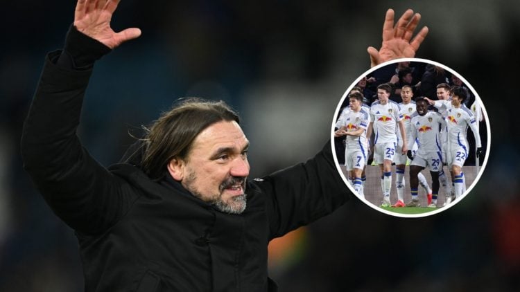 Main image, Leeds manager Daniel Farke celebrates with the Leeds fans at the end of the Sky Bet Championship match between Leeds United FC and Sund...