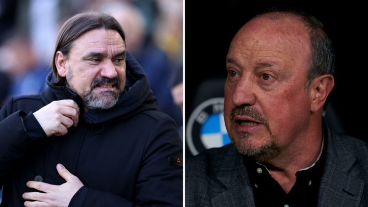 A split image of Leeds United manager Daniel Farke during the Sky Bet Championship match between Portsmouth FC and Leeds United. Rafa Benitez, head...