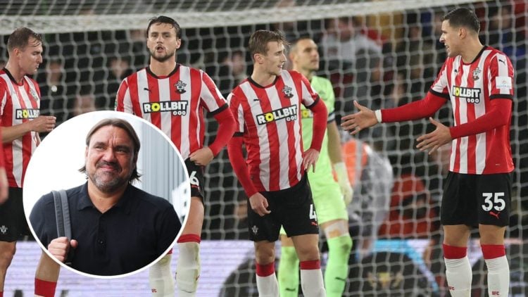 Main image, Players of Southampton show dejection after Harvey Elliott of Liverpool (not pictured) scores his team's second goal during the Carabao...