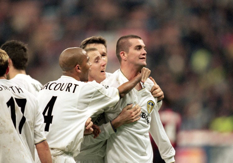 8 Nov 2000:  Leeds United celebrate Dominic Matteo's goal during the UEFA Champions League match against AC Milan at the San Siro in Milan, Italy. ...