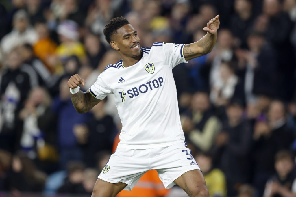 Junior Firpo celebrates a goal against Nottingham Forest.