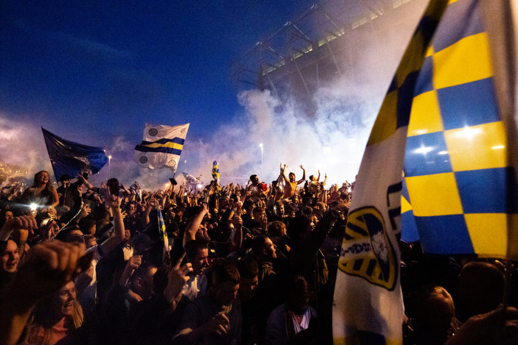 Leeds United fans celebrate trophy lift after Leeds vs Charlton Athletic.