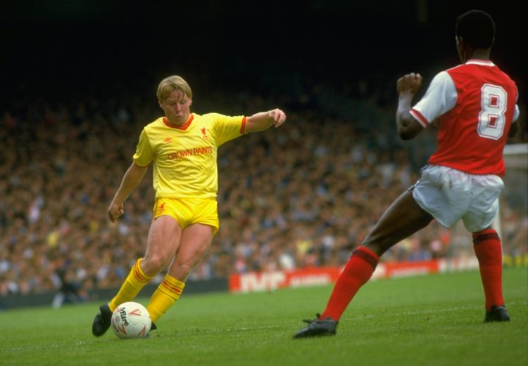 8 Sep 1984:  Sammy Lee of Liverpool shoots past Paul Davis of Arsenal during the Canon League Division One match at Highbury in London. Arsenal won...