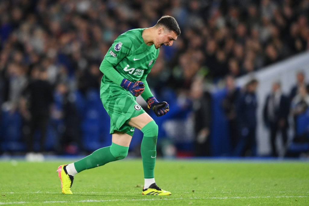 Djordje Petrovic celebrates as Chelsea score.