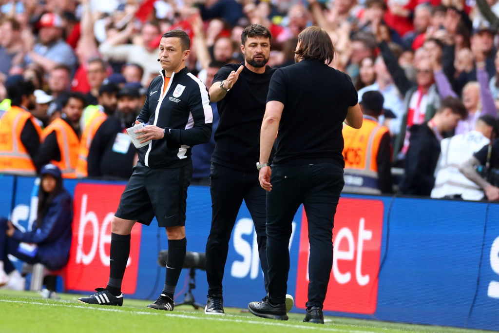 Southampton manager shakes hands with Leeds United manager Daniel Farke after winning the 2024 Championship play-off final.