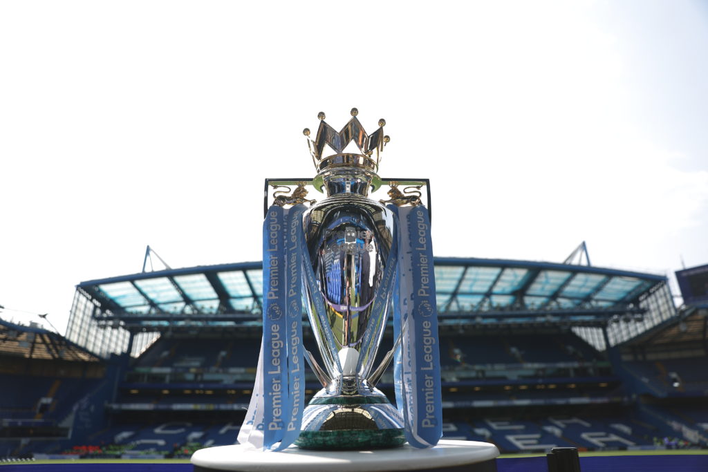 The Premier League trophy at Stamford Bridge.