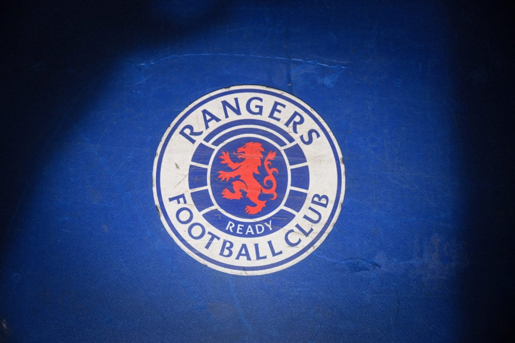 The official club badge of Rangers FC as seen in the dressing room at Old Trafford.