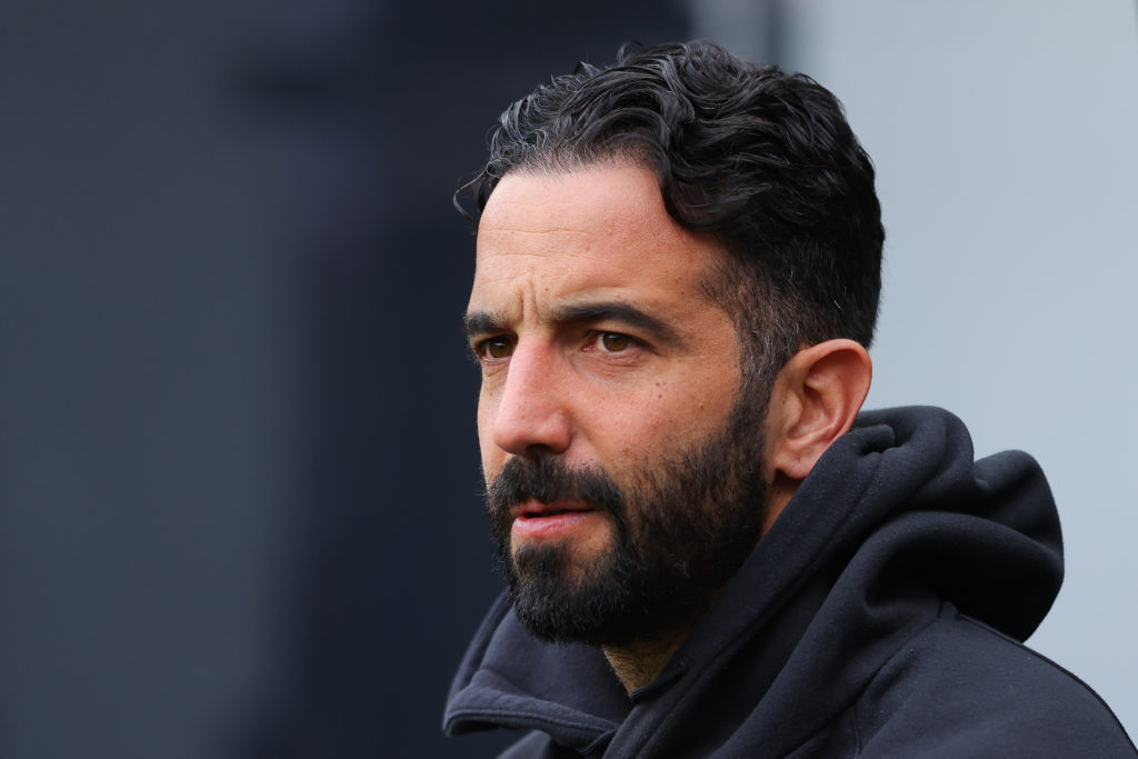 Manchester United manager Ruben Amorim looks on with a stern expression.