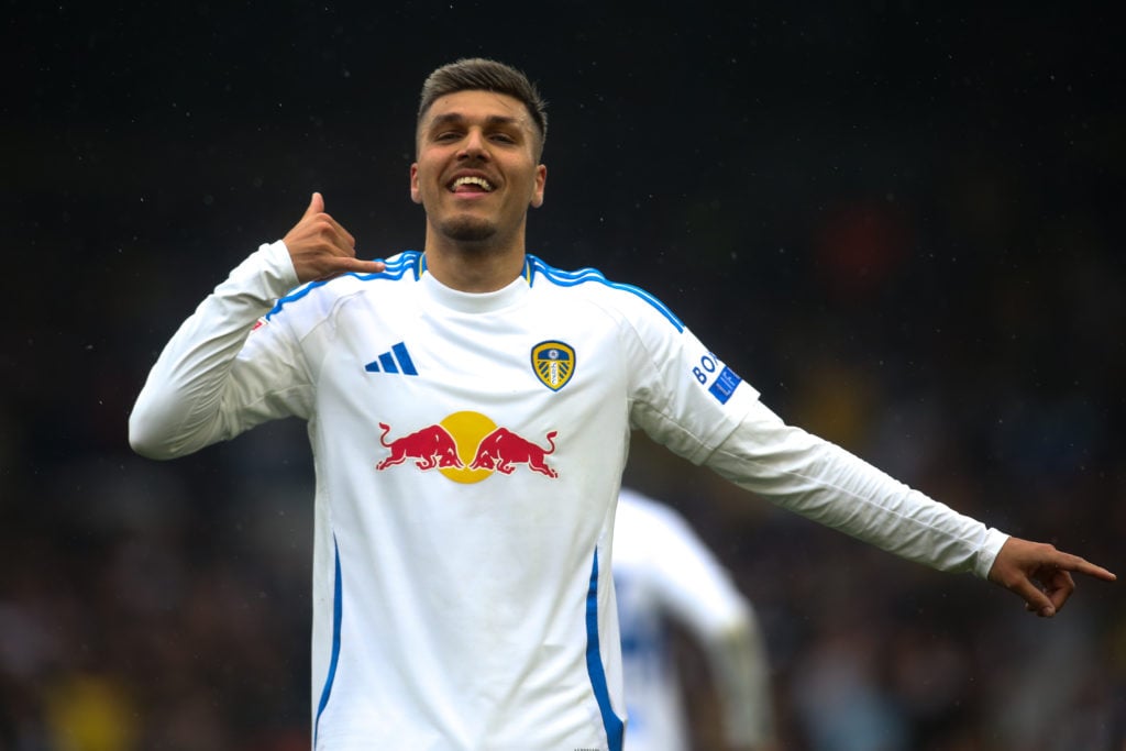 Joel Piroe celebrates scoring against Stoke City.