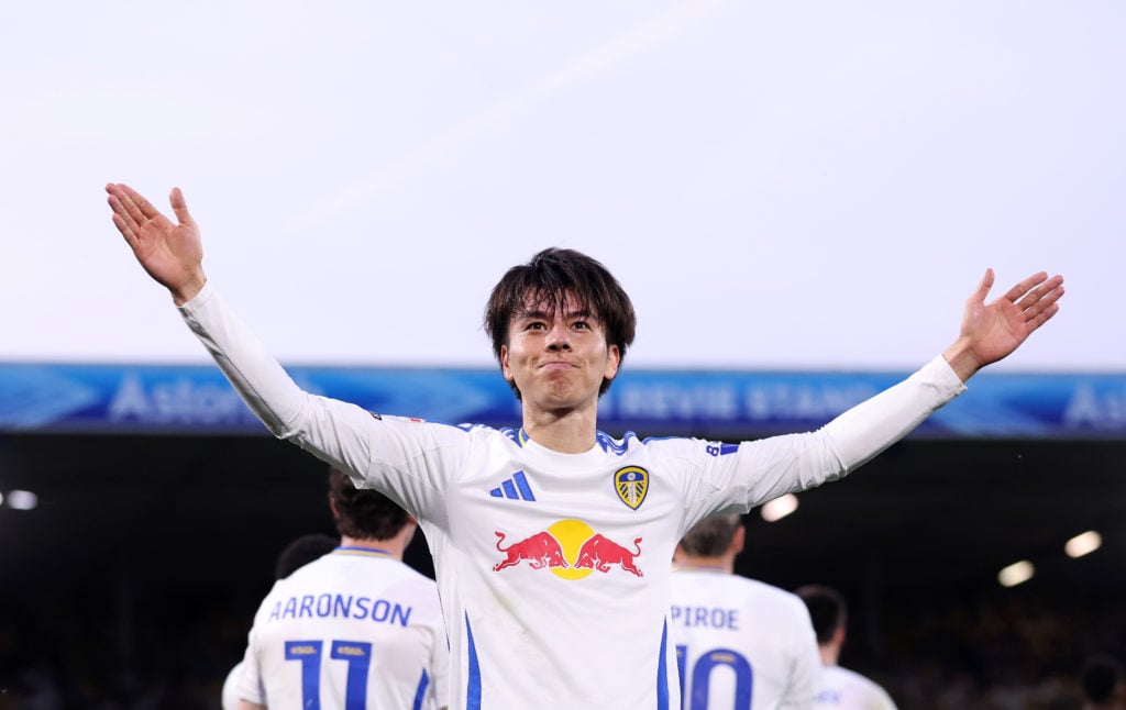 Ao Tanaka celebrates his goal in Leeds United vs Bristol City.