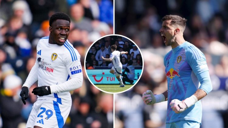 Left image, Wilfried Gnonto of Leeds United in action during the Sky Bet Championship match between Leeds United FC and Swansea City AFC at Elland ...