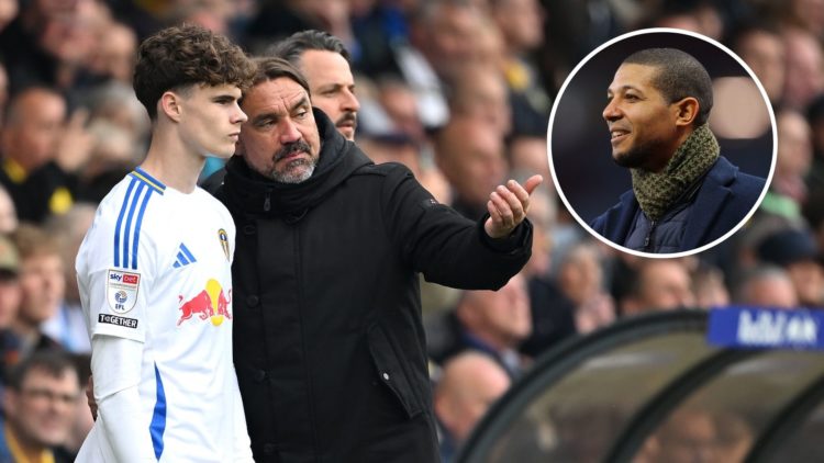 Main image, Daniel Farke, Manager of Leeds United, gives instructions to Harry Gray of Leeds United before substituting him on during the Sky Bet C...
